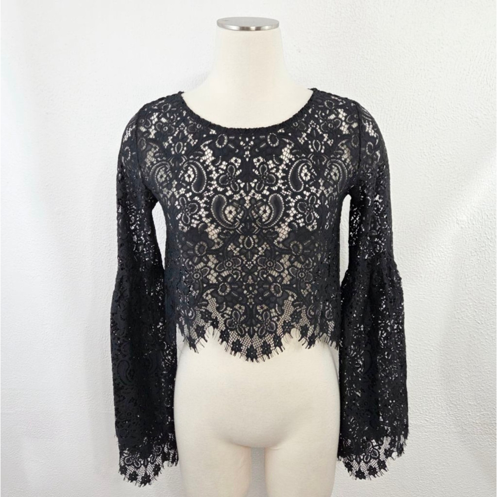 For Love & Lemons Vika black lace top bell sleeve sheer scalloped women's small - Picture 3 of 7